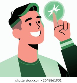 Man in colorful clothes pointing his finger at his head, having a sudden inspiration, vector illustration