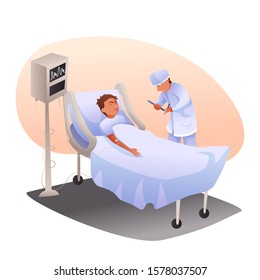 Man in coma and doctor in hospital ward cartoon. Unconscious male patient character connected to medical computer device. Therapist prescribing treatment after examination. Vector flat illustration