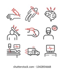 Man in a coma. Hospital bed. Infographic line icons. Vector