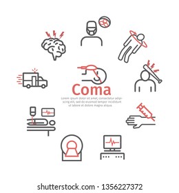 Man in a coma. Hospital bed. Infographic line icons. Vector