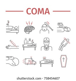 Man in a coma. Hospital bed. Infographic line icons. Vector.