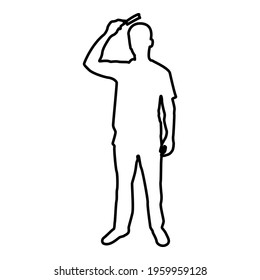 Man is combing hair use hairbrush Front view contour outline black color vector illustration flat style image