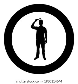 Man is combing hair use hairbrush Front view silhouette in circle round black color vector illustration solid outline style image