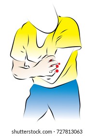 The man is combing his hand. Color vector illustration on the topic of allergies, scabies, hives, itching.
