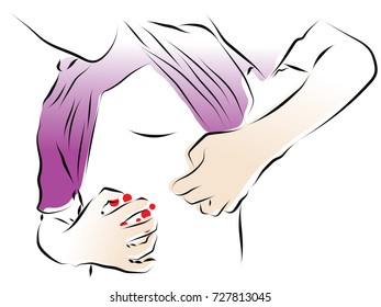 A man is combing his stomach. Color vector illustration on the topic of allergies, scabies, hives, itching.