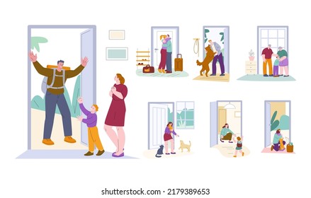 Man Come Back To Home. Girl Leaving House, Rushing In Trip. People Opening Door In Life, Family Welcome Concept. Kids Meeting Dad Mom, Kicky Vector Characters