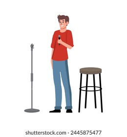 Man comedian with microphone performing stand-up comedy. Comic with mic telling humor and fun stories at open mike standup show. Live performer. Flat vector illustration isolated on white background.