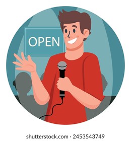 Man comedian with microphone performing stand-up comedy. Comic with mic telling humor and fun stories at open mike standup show. Live performer. Flat vector illustration isolated on white background