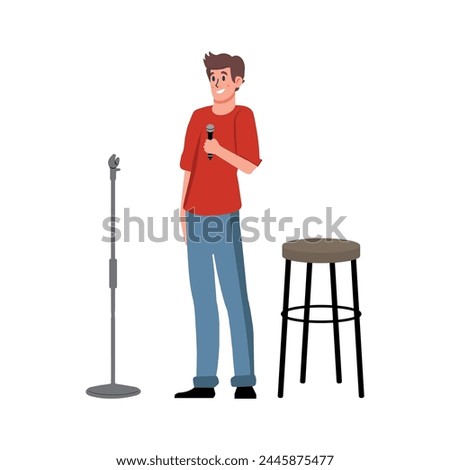 Man comedian with microphone performing stand-up comedy. Comic with mic telling humor and fun stories at open mike standup show. Live performer. Flat vector illustration isolated on white background.