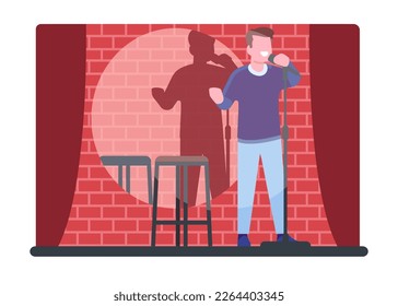 Man comedian with microphone performs stand up. Comedy show. Mic and spotlight. Brick wall. Performance club stage. Joking performer. Nightclub humorous entertainment