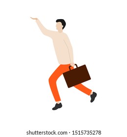 Man comes with a briefcase. Flat cartoon character isolated on white background