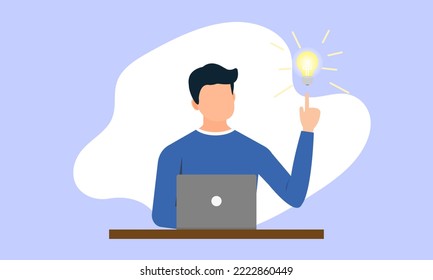 Man comes up with a job idea while working in front of a computer next to a bright light bulb. The concept of creating a new hair job is more interesting.
