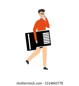 Man comes with MicroSD card. A man talking on the phone. Flat cartoon character isolated on white background