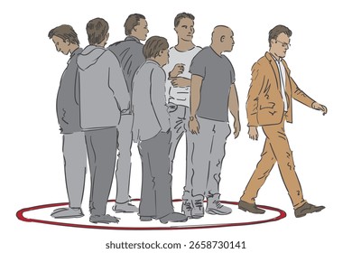 The man comes out from the circle of other people.