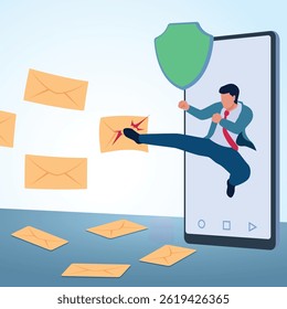 A man comes out of his phone kicking an incoming email. A metaphorical illustration for spam protection, fake emails and cyber security.