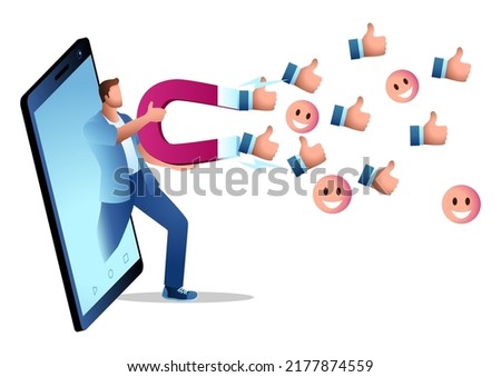 Man comes out of the phone with a giant magnet to attract like icons and smile emoticons, attracting more visitors, social media traffic, vector illustration