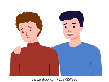 Man comfort sad friend. mental support sympathy concept.