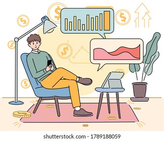 A man is comfortable at home working on the financial business. hand drawn style vector design illustrations. 