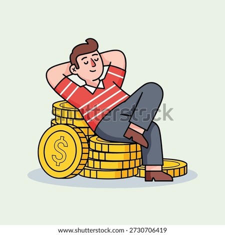 A man is comfortably resting on a large pile of gold coins, symbolizing wealth and financial security.