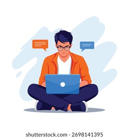 Man comfortably working remotely on a laptop, engaged in online communication.