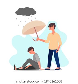 Man is comforting another man, while he is in depression. Psychological help, comforting, mental health, care, aid, empathy vector concept. 