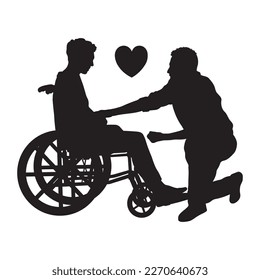 Man comforting boy on wheelchair with love symbol silhouette.