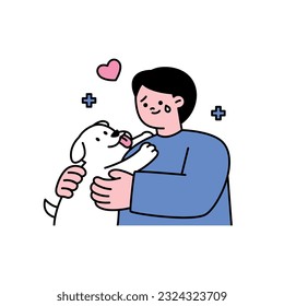 Un hombre se reconforta abrazando a un perro lindo. ilustración simple del vector de esquema.