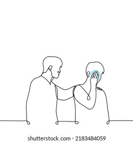 hombre consolando a un amigo llorando - un vector de dibujo de una línea. concepto de apoyo masculino, consuelo a un amigo, ayuda moral y psicológica, persona empática y sensible