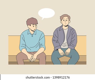 A man comforting a friend sitting on a bench. hand drawn style vector design illustrations. 