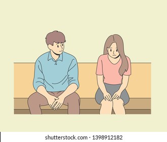 A man comforting a friend sitting on a bench. hand drawn style vector design illustrations. 