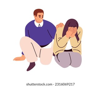 Hombre reconfortante, apoyando a una mujer triste llorando. Una persona deprimida e infeliz llorando de mal humor, desesperación, dolor y tristeza. Ilustración vectorial plana aislada en fondo blanco