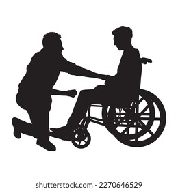 Man comforting young man on wheelchair silhouette.