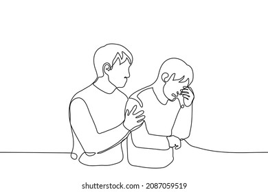 man comforts another crying man - one line drawing vector. concept of man consoles friend, emotional support, empathy, kindness, openness, responsiveness 