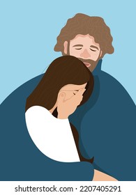 A man comforts a crying woman by hugging her.