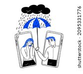 Man comforts her sad friend over the phone supports female with psychological problems. Online therapy for people under stress and depression over online services. Hand drawing doodle style vector