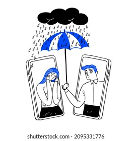 Man comforts her sad friend over the phone supports female with psychological problems. Online therapy for people under stress and depression over online services. Hand drawing doodle style vector
