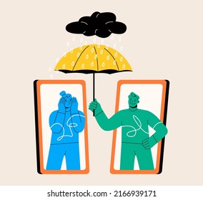 Man comforts her sad friend over the phone supports female with psychological problems. Colorful vector illustration 
