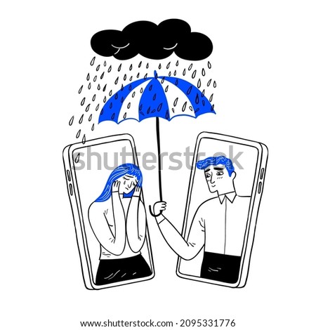 Man comforts her sad friend over the phone supports female with psychological problems. Online therapy for people under stress and depression over online services. Hand drawing doodle style vector