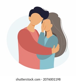 Man comforts  sad woman. Husband and wife. Care and support in  family.