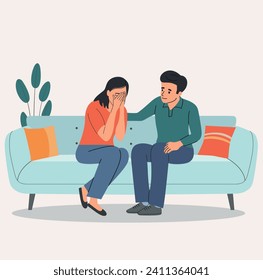 Man comforts a woman on the sofa. Psychological support. Doldrums concept. Vector flat cartoon illustration