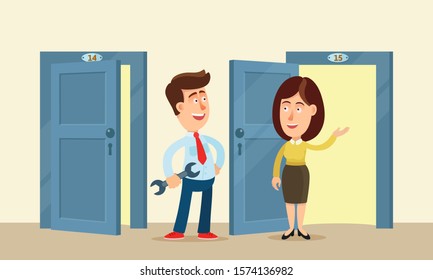 Man coming to help a woman-neighbor. Neighborhood mutual assistance. Neighbors help each other. Good neighbourliness relations. Vector illustration, flat design cartoon style. isolated background.