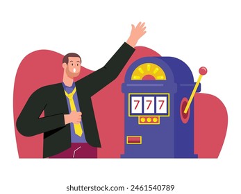 Man coming home from work playing casino slot game. Character design. Vector flat illustration