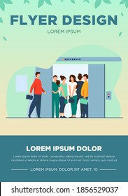 Man coming into overcrowded elevator cabin. Building hall, open doors flat vector illustration. Crowd, people in public place, social distance concept for banner, website design or landing web page
