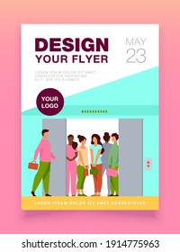 Man coming into overcrowded elevator cabin. Building hall, open doors flat vector illustration. Crowd, people in public place, social distance concept for banner, website design or landing web page