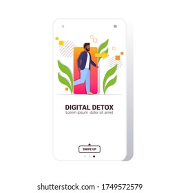 Mann, der aus dem digitalen Detox-Konzept des Handys entkommt aus der digitalen Sucht aufgeben Internet und sozialen Netzwerken Smartphone-Smartphone-App mit vollständiger Vektorgrafik