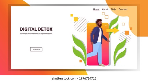 man coming out of cellphone digital detox concept guy escaping from digital addiction