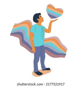 Man coming out concept. Open homosexuality. Guyl on pride LGBT rainbow ribbon background blow a kiss of rainbow heart. Love freedom. Flat vector illustration.