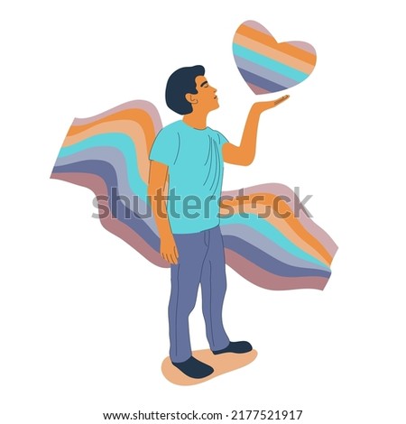 Man coming out concept. Open homosexuality. Guyl on pride LGBT rainbow ribbon background blow a kiss of rainbow heart. Love freedom. Flat vector illustration.