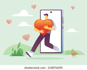 Man Coming Out From Mobile With Big Heart . Love React Concept Illustration. 