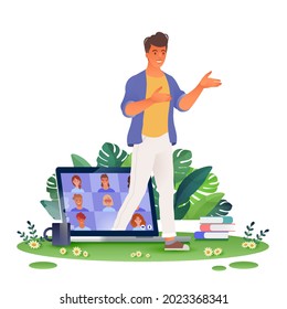 Man coming out from virtual video conference app. Business group meeting via wireless internet. Working and learning anywhere concept. Vector illustration